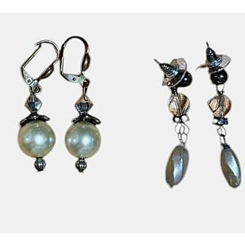 Vintage Dangle Earrings Women Small Silver Excellent Pearl Lever Back 2 Pairs